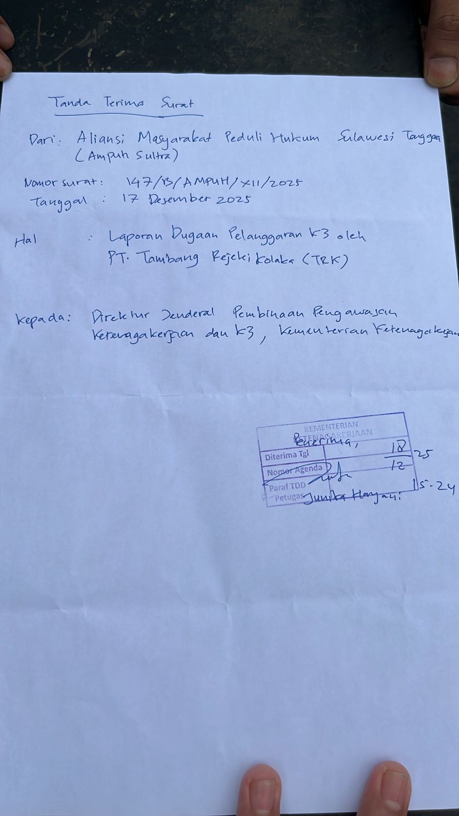 Ampuh Sultra Resmi Laporkan PT. TRK ke Ditjen Binwasnaker atas Dugaan Pelanggaran K3 Hingga Sebabkan Kematian
