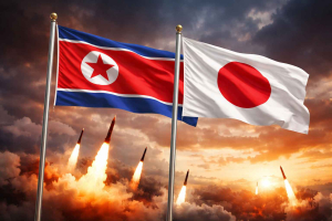 Korut kecam rencana Jepang kerahkan rudal jarak jauh dengan ilustrasi bendera Korea Utara dan Jepang di tengah ketegangan militer