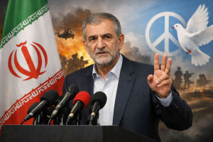 Presiden Iran menyampaikan tiga syarat Iran hentikan perang dalam konferensi pers dengan latar bendera Iran dan simbol perdamaian.