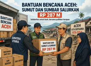 "Ilustrasi bantuan bencana untuk Aceh, menampilkan petugas dari Sumut dan Sumbar yang menyerahkan bantuan berupa kotak berisi makanan siap saji, air bersih, dan obat-obatan di tengah latar belakang kerusakan pascabencana di Aceh."