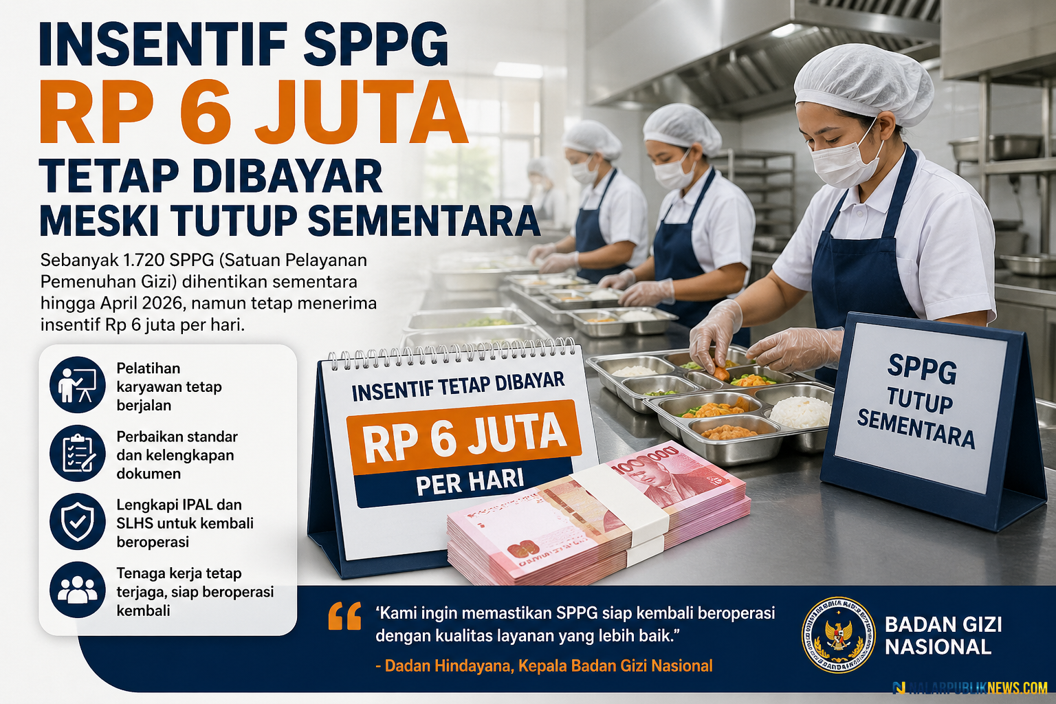 Insentif SPPG Rp 6 juta dapur MBG tetap dibayar meski tutup sementara.