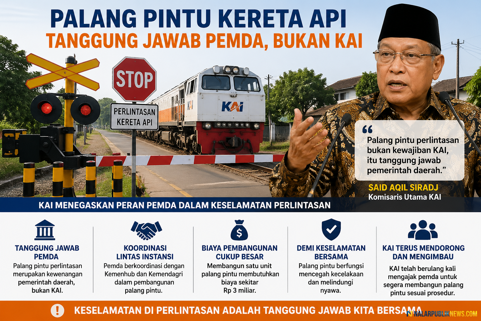 Ilustrasi palang pintu kereta api tanggung jawab pemda di perlintasan sebidang dengan kereta melintas dan rambu keselamatan.