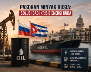 Pasokan Minyak Rusia membantu stabilitas energi di Kuba, dengan kapal Rusia mengangkut minyak dan bendera Rusia serta Kuba melambangkan kerjasama energi.