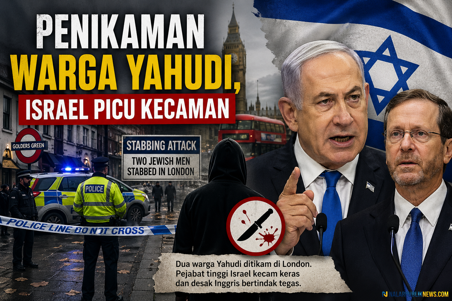 Ilustrasi penikaman warga Yahudi di London di kawasan Golders Green dengan latar aparat kepolisian dan reaksi pejabat Israel.