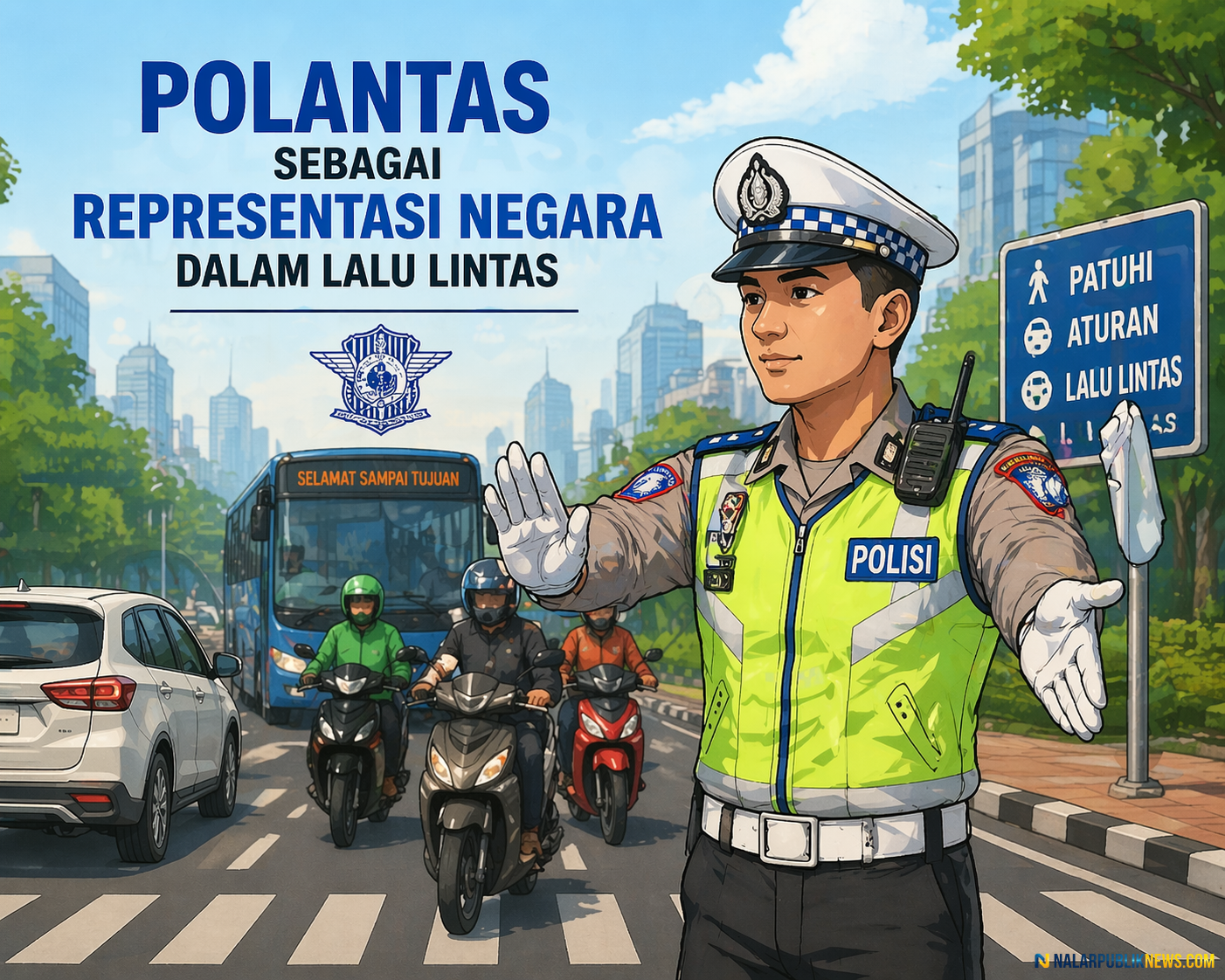 Polantas sebagai representasi negara mengatur lalu lintas di jalan raya dengan hati-hati dan penuh perhatian, memimpin dengan profesionalisme dalam penegakan hukum lalu lintas.
