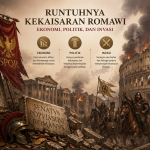 Ilustrasi kehancuran Kekaisaran Romawi yang menggambarkan faktor ekonomi, politik, dan invasi dalam runtuhnya Romawi, dengan latar belakang kebakaran dan pasukan barbar yang menyerbu Roma.