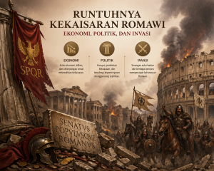 Ilustrasi kehancuran Kekaisaran Romawi yang menggambarkan faktor ekonomi, politik, dan invasi dalam runtuhnya Romawi, dengan latar belakang kebakaran dan pasukan barbar yang menyerbu Roma.