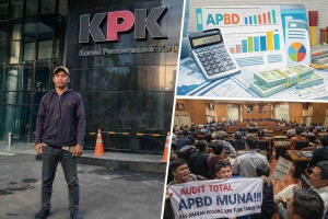 ilustrasi Bupati Muna viral dengan latar gedung KPK, APBD, dan aksi desakan audit keuangan daerah